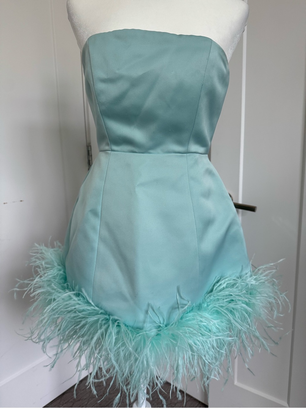 Delfi Collective Strapless Feather-Trim Mini Dress in Mint Green